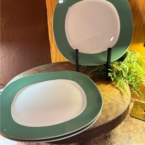 1951 Taylor Smith Taylor Conversation Green & White Dinner Plates Set of 3, 10"